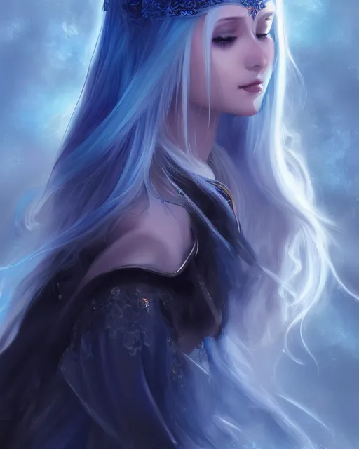 Prompt: A beautiful mysterious girl with cobalt-blue eyes and silky white hair, guitar shape build, her wardrobe is attractive, full body, fantasy art, in the style of Turine Tran, illustration, epic art, fantasy, intricate, elgant, amazing detail, digital painting, artstation, concept art, smooth, sharp focus