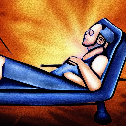 Prompt: Short firefighter asleep on blue reclining chair, digital art