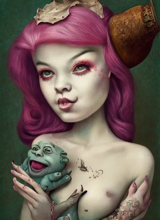 Image similar to pop surrealism, lowbrow art, realistic shrek!!!!!!!!!!!!!!!!!!! painting, japanese street fashion, hyper realism, muted colours, rococo, natalie shau, loreta lux, tom bagshaw, mark ryden, trevor brown style,