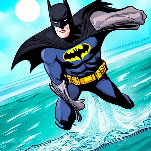 Prompt: batman at the beach swimming in the sea, comic art style, digital art, highly detailed, art station, photo realistic