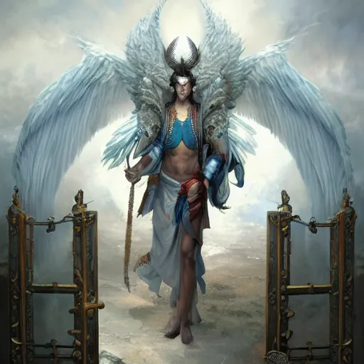 Image similar to full body shot of a male god with feathered wings on his shoulder, standing in front of a gate, digital art by raymond swanland and peter mohrbacher, 8 k,