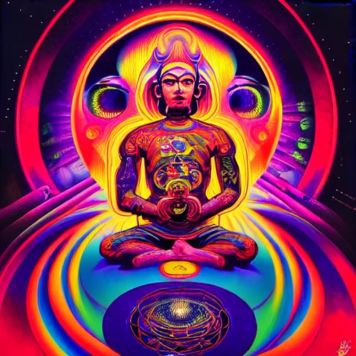 Image similar to An extremely psychedelic experience, colorful, surreal, dramatic lighting, cosmonaut, LSD, cyberpunk Tibetan bodhisattva, detailed, intricate, elegant, highly detailed, digital painting, art nouveau, tarot, artstation, concept art, smooth, sharp focus, illustration, art by Sam spratt, dan mumford, Artem Demura and alphonse mucha