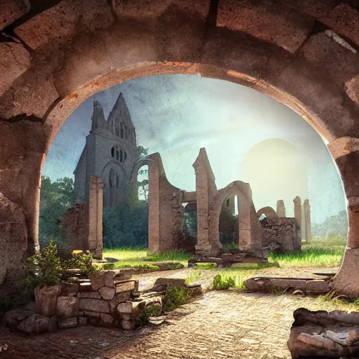 Prompt: extremely detailed watercolor painting portrait of ancient church ruins on a new world, dusk, elegant, moody vibrant colors, Charles Reid, octane render, 4k