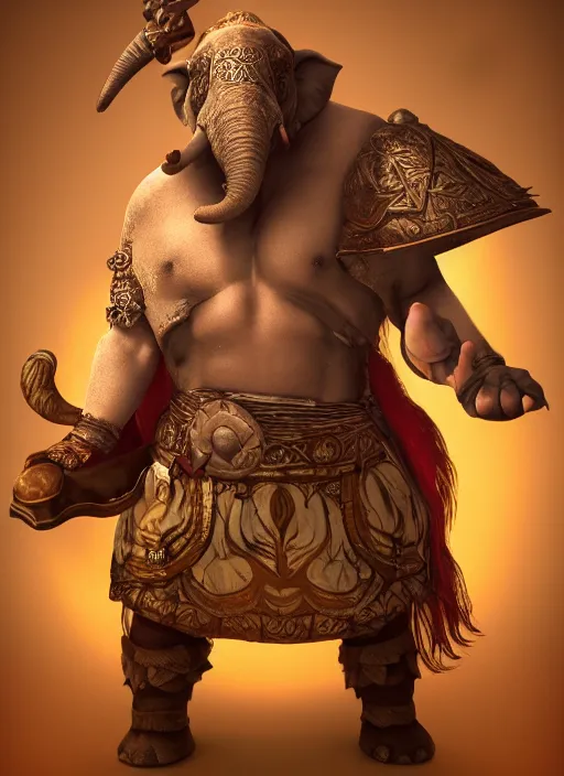 Image similar to An epic fantasy style portrait painting of an anthropomorphic elephant barbarian wearing an apron, DAZ, octane render, cosplay, RPG portrait, dynamic lighting