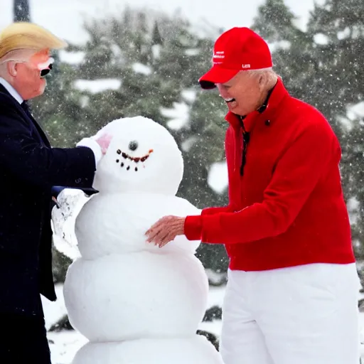 Image similar to donald trump and joe biden making snowman together