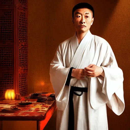 Image similar to portrait painting of a 3 5 - year - old chinese man, taoist priest, a goatee ， dressed in taoist robe, like andy lau, immortal bone, affable ， wenjun lin, unreal engine 5 highly rendered, global illumination, radiant light, detailed and intricate environment