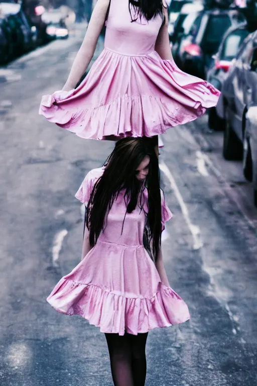 Prompt: soft grunge teen girl runaway dress fashion zine, cyber night streets, realistic fashion photography