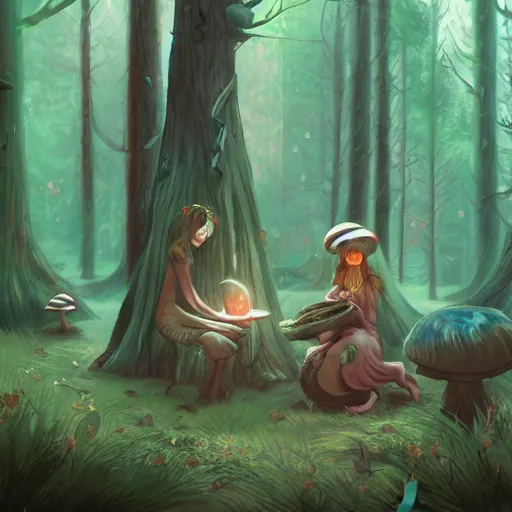 Image similar to forest witch gathering mushrooms, 2d, art direction, artstation, digital painting