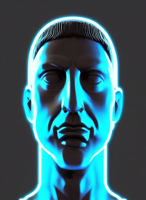 Prompt: bust of victorious caesar, beeple, vaporwave, retrowave, black background, neon wiring, black, glitch, strong contrast, cuts, pinterest, trending on artstation