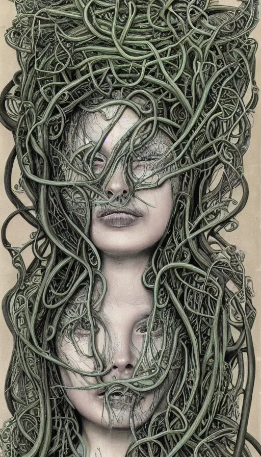 Prompt: very detailed portrait of a 2 0 years old girl surrounded by tentacles, the youg woman visage is blooming from fractal and vines, by hr giger