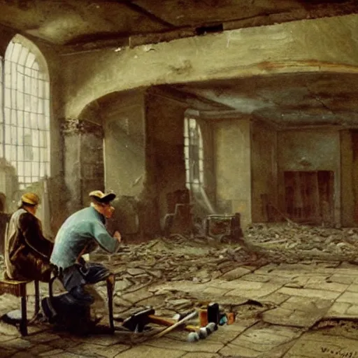 Image similar to Beautiful painting of Irish rebels smoking cigarettes inside a ruined building, General Post Office in Dublin, 4K