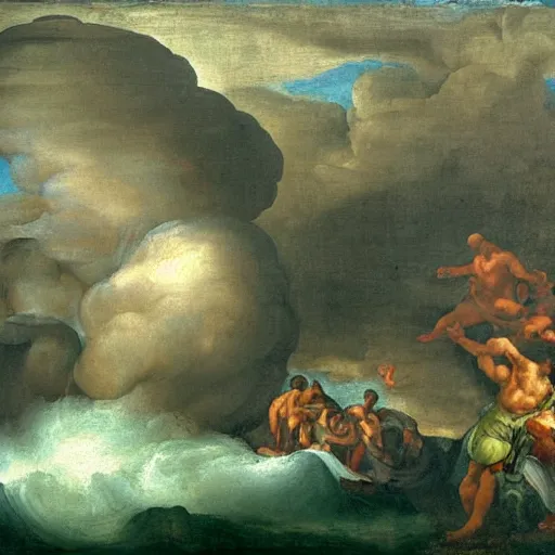 Prompt: michaelangelo painting of a tornado in the sea