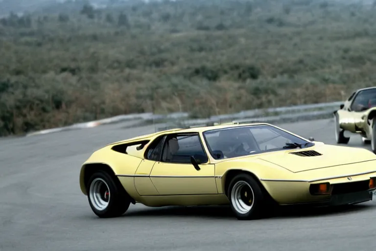 Prompt: 1975 De Tomaso, Lotus Europa!!, BMW M1, Pantera ((Countach)), movie still, speed, cinematic Eastman 5384 film