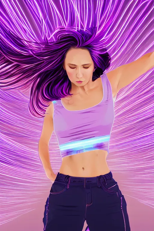 Image similar to a award winning half body portrait of a beautiful woman in a croptop and cargo pants with ombre purple pink teal hairstyle with head in motion and hair flying, surrounded by whirling illuminated lines, outrun, vaporware, shaded flat illustration, digital art, trending on artstation, highly detailed, fine detail, intricate