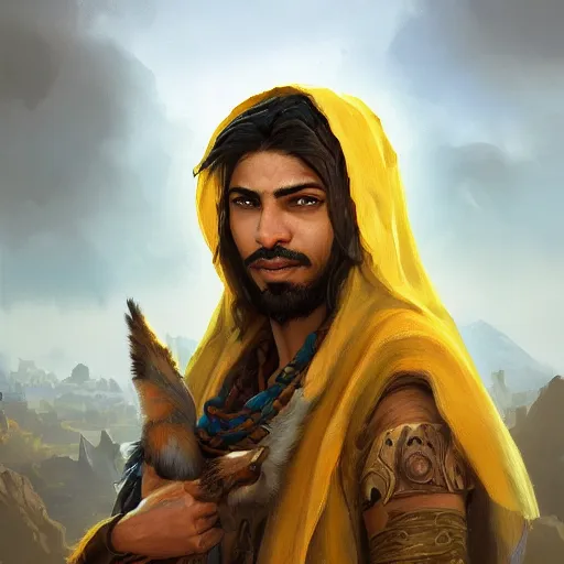 Image similar to portrait of young arabian nomad half wolf, with yellow cloths, league of legends splash art, hearthstone splash art, full body shot, rule of thirds, ultrafine hyperrealistic detailed face, artgerm, greg rutkowski, trending on artstation, 8 k, intricately detailed, highly detailed