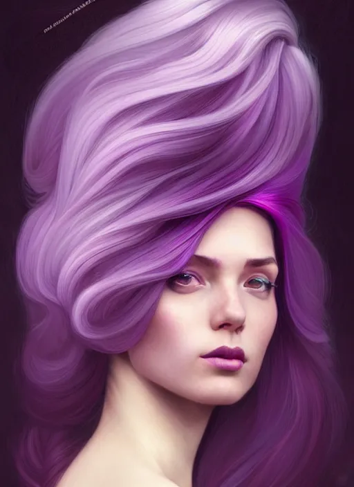 Image similar to Purple hair relistic Portrait of a woman with bright colored flying hair, all shades of purple. Hair coloring, long hair, fantasy, intricate, elegant, highly detailed, digital painting, artstation, concept art, smooth, sharp focus, illustration, art by artgerm and greg rutkowski and alphonse mucha