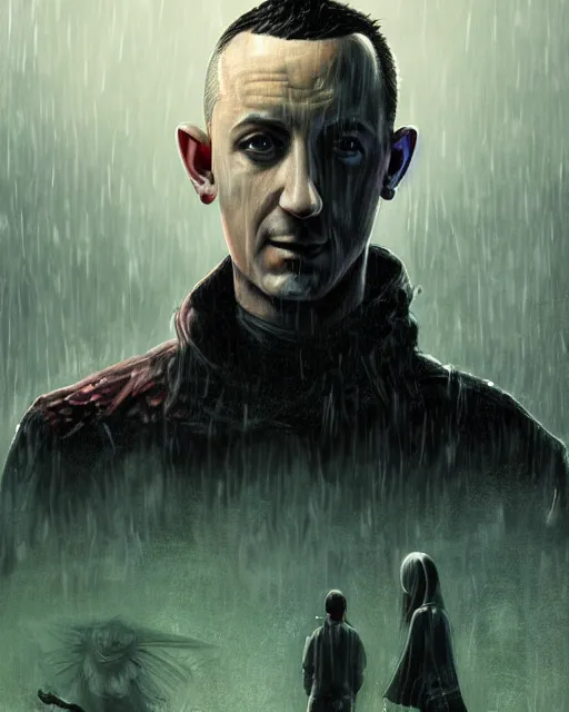 Prompt: An epic fantasy comic book style portrait painting of a very imposing Chester Bennington in the rain , neon reflections, character design by Mark Ryden and Pixar and Hayao Miyazaki, unreal 5, DAZ, hyperrealistic, octane render, cosplay, RPG portrait, dynamic lighting, intricate detail, cinematic