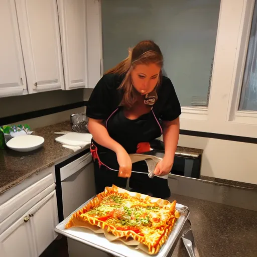 Prompt: hailey williams cooking lasagna in the kitchen