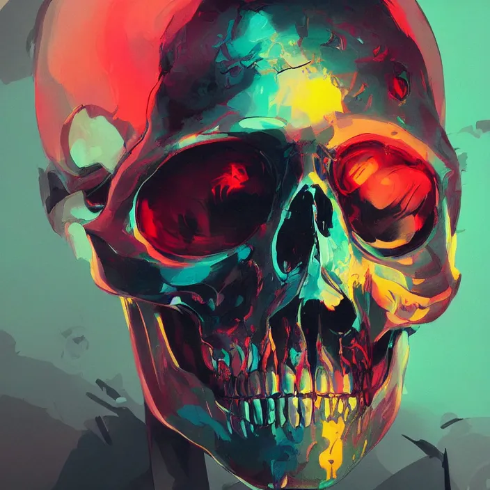 Image similar to a colorful comic noir illustration painting of a cyberpunk skull by sachin teng and sergey kolesov and ruan jia and heng z. hyper detailed. octane render. trending on artstation