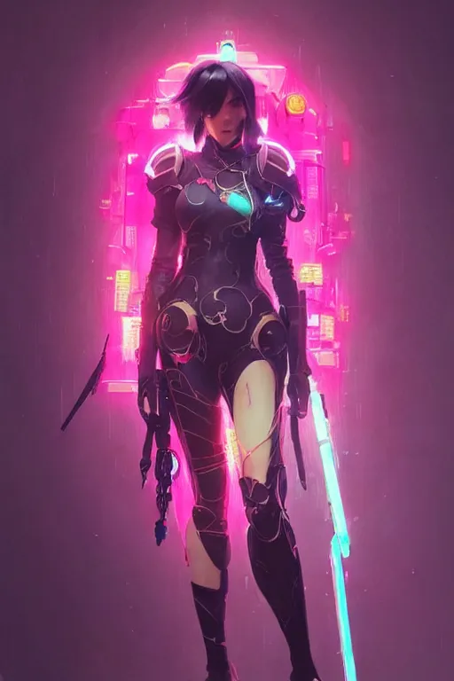 Image similar to fiora from league of legends, cyberpunk futuristic neon. decorated with traditional japanese ornaments by ismail inceoglu dragan bibin hans thoma greg rutkowski alexandros pyromallis nekro rene maritte illustrated, perfect face, fine details, realistic shaded, fine - face, pretty face, masterpiece