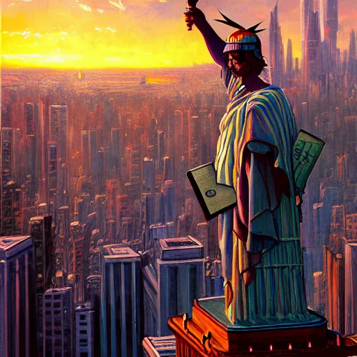 Prompt: a hyper realistic painting of man mixed with eagle standin on the statue of liberty, watching the colorful city with highly detailed skyline, sunset, majestic, wonderful, fantasy, by Greg Rutkowski, Trending on Artstation, digital art