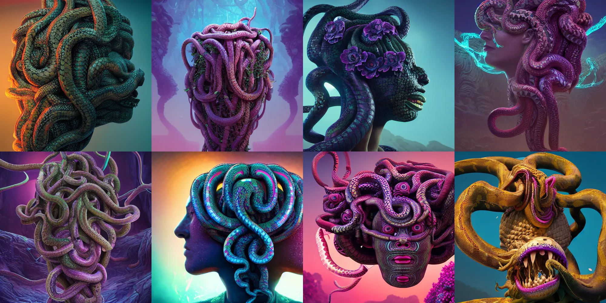 Image similar to medusa gorgon head, highly detailed snakes, beautiful flowers, beautiful dark landscape, in the style of beeple and mike winkelmann, intricate, epic lighting, cinematic composition, hyper realistic, 8 k resolution, unreal engine 5, raytracing, ultraviolet colors,