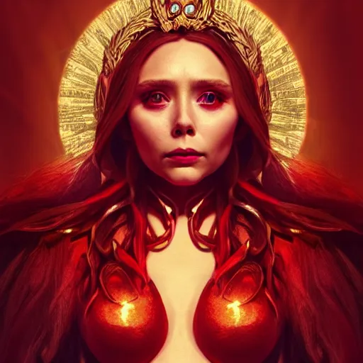 Prompt: elizabeth olsen as the goddess of red chaos!!!, golden ratio!!!!!, centered, trending on artstation, 8 k quality, cgsociety contest winner, artstation hd, artstation hq, luminous lighting
