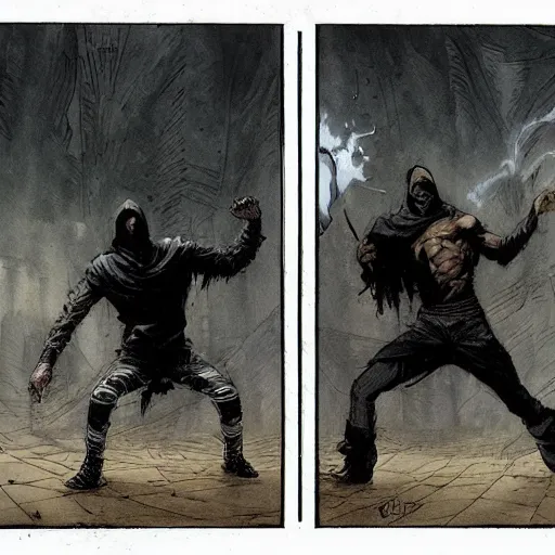 Image similar to a man in a black hoodie fighting a white god, vintage comic, greg rutkowski