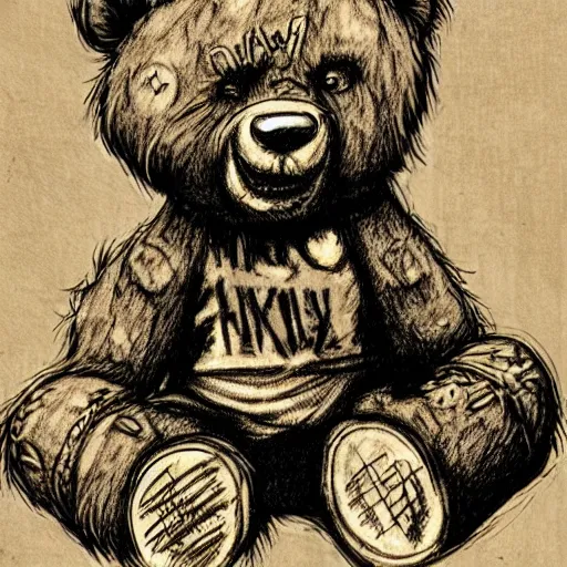 Prompt: grunge drawing of a teddy bear in the style of mad max | horror themed | loony toons style