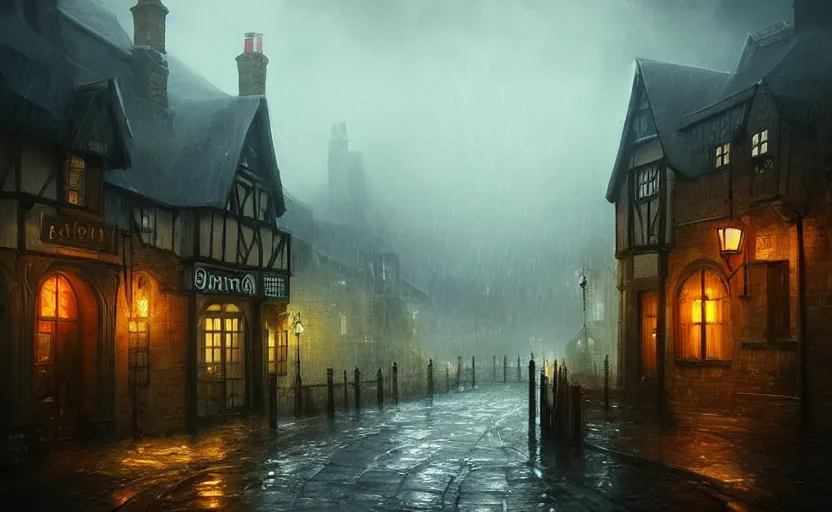 Image similar to rainy old england town, dramatic mood, cozy environment, inspired by legends of runeterra, trending on artstation, concpet art