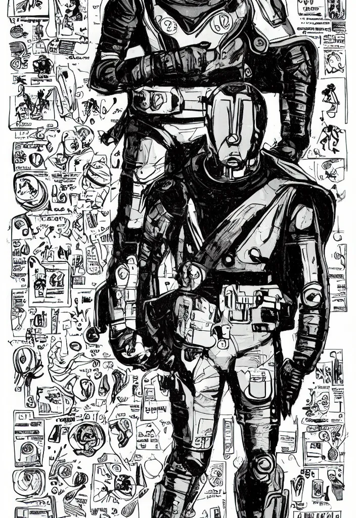 Prompt: male, heroic figure, space suit with a modern helmet, science fiction, sketch, character sheet, very stylized, digital art, illustration on kraft paper, pen and ink, digital painting, by mike mignola, by alex maleev