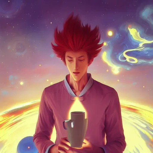 Image similar to A man drinking a cup of cosmic energy bright light, illustration, anime style, Artgerm, 4k, digital art, surreal, anime style, space dandy style, highly detailed, godsend, artstation, digital painting, concept art, smooth, sharp focus, illustration by Ruan Jia and Mandy Jurgens and William-Adolphe Bouguereau, Artgerm