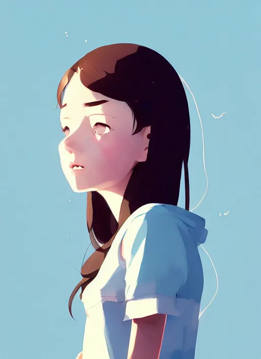 Image similar to portrait of cute girl, cloud sky background, by atey ghailan, by greg rutkowski, by greg tocchini, by james gilleard, by joe gb fenton, by kaethe butcher, dynamic lighting, gradient light blue, brown, blonde cream and white color in scheme, grunge aesthetic