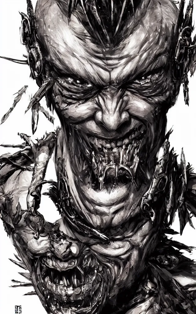 Image similar to a detailed digital art of an intimidating man with nails in two of its eyes and intricate tattoos around the eyes, wide evil grin on the face, by yoji shinkawa, jeszika le vye, mandy jurgens, trending on artstation