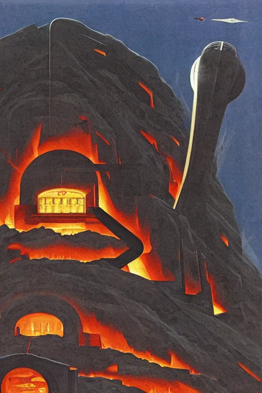 Prompt: Artwork by Chesley Bonestell of the cinematic view of the Hall of Iron Agony, Infernal, Writings.