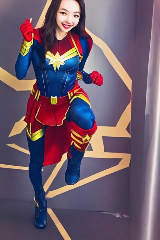 Prompt: nayeon cosplaying as captain marvel, dragoncon, flash photography, wide angle