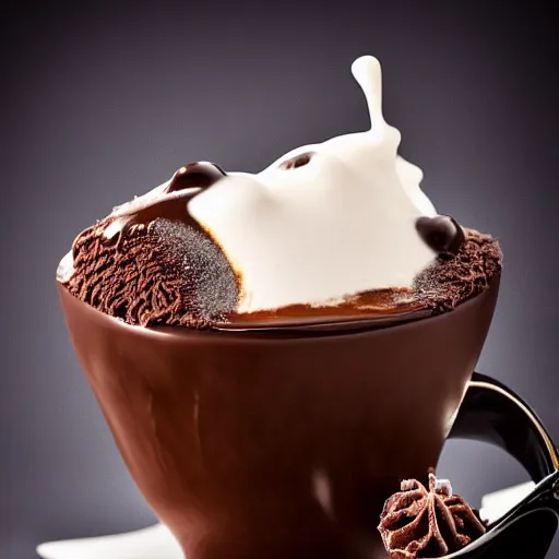 Prompt: extremely delicious looking photo of beautiful sweet melted chocolate in fancy stylish cup, very expensive top quality product, michelin star, most perfect desert on the world, small manufacture, unique style, 8 k, product photography, professional studio photography