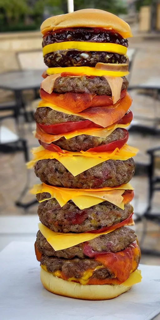 Prompt: a cheeseburger tower made of gigantic stacks of meat patties and cheese slices with a bun on each side, delicious looking burger - stack - tower