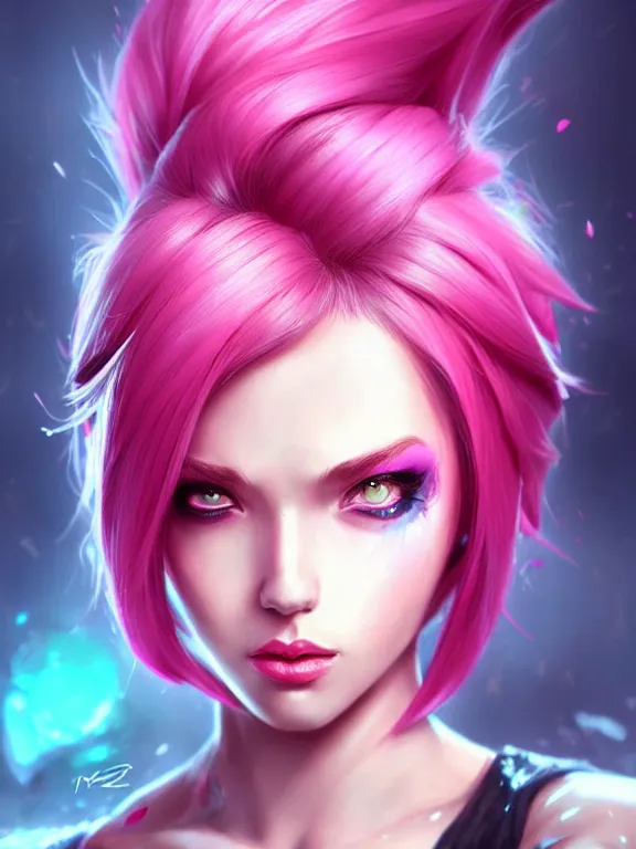 Image similar to a League of Legends FAN ART Portrait of VI, pink hair, short hait, elegant, highly detailed, digital painting, concept art, smooth, sharp focus, illustration, by Patrice murciano ,artstation,deviantart,Unreal Engine,face enhance,8K,golden ratio,cinematic lighting