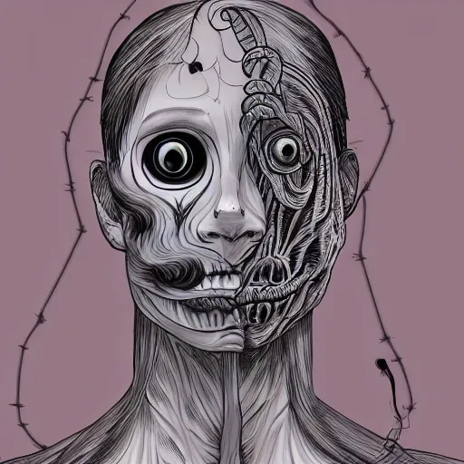 Prompt: uncanny digital art of a body horror human in the style of trevor henderson and junji ito