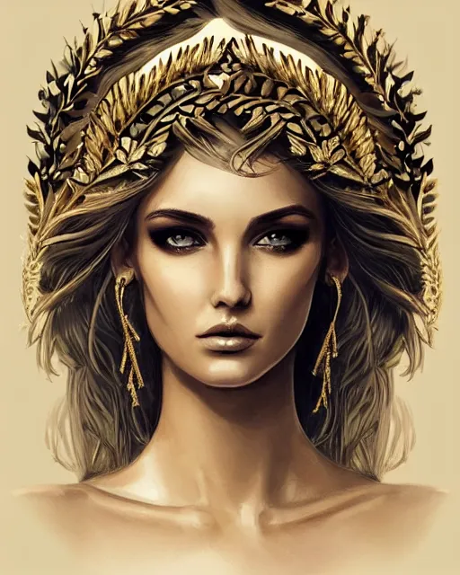 Image similar to tattoo sketch of beautiful super model aphrodite greek goddess wearing a gold laurel wreath and triangle earrings,, beautiful piercing gaze with sharp pupils, beautiful blonde hair, in the style of greg rutkowski, fantasy, amazing detail, epic, elegant, smooth, sharp focus, front view