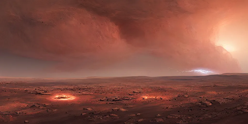 Image similar to tornado on the surface of mars, strorm, lightning, greg rutkowski