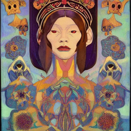 Image similar to the bone crown, by annie swynnerton and nicholas roerich and leo and diane dillon and ( diego rivera ), elaborate costume, flowers, iridescent beetles, rich color, dramatic cinematic lighting, smooth, sharp focus, extremely detailed