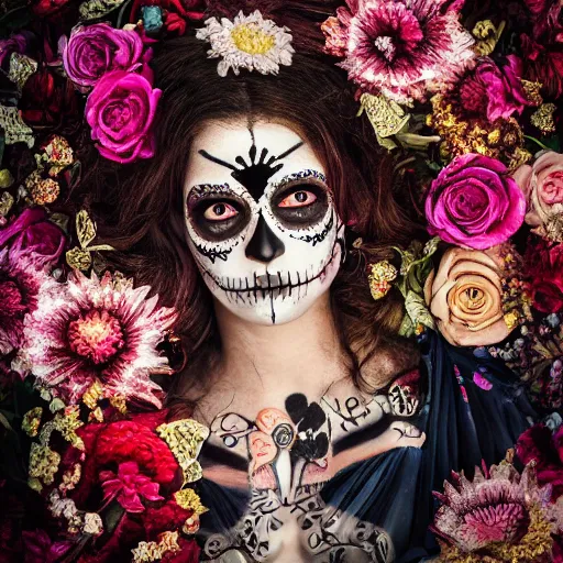 Image similar to photo portrait of a beautiful day of the dead female, depth of field, zeiss lens, detailed, symmetrical, centered, by edward robert hughes, connor hibbs, annie leibovitz and steve mccurry, david lazar, jimmy nelsson, breathtaking, 8 k resolution, extremely detailed, beautiful, establishing shot, artistic, hyperrealistic, beautiful face, octane render