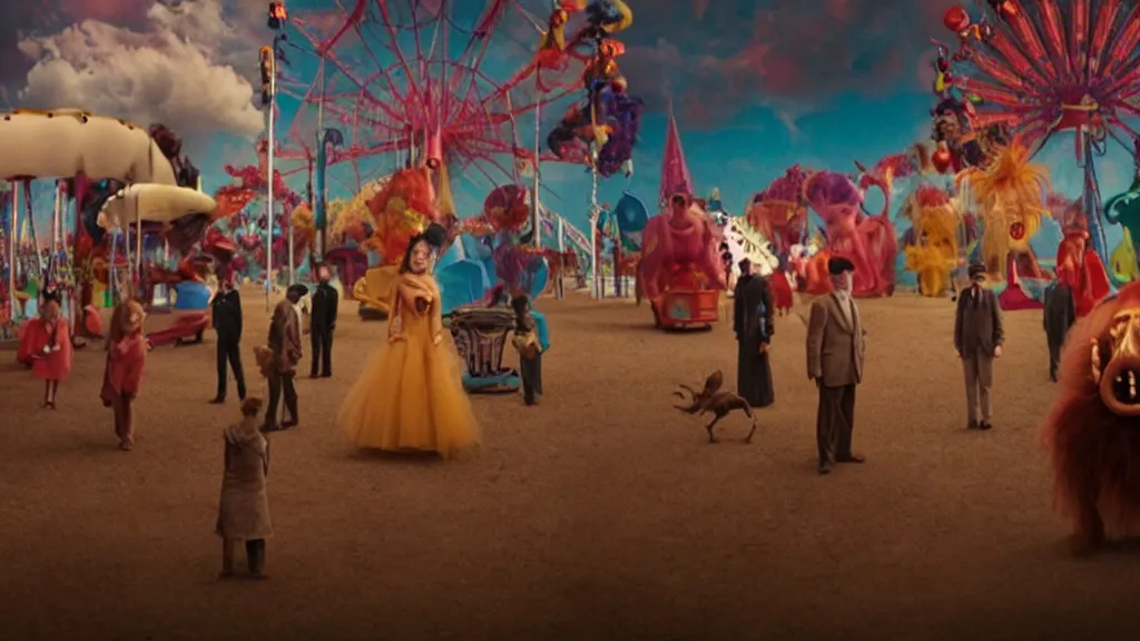 Image similar to the strange creature at the carnival, , film still from the movie directed by Denis Villeneuve with art direction by Salvador Dalí, wide lens