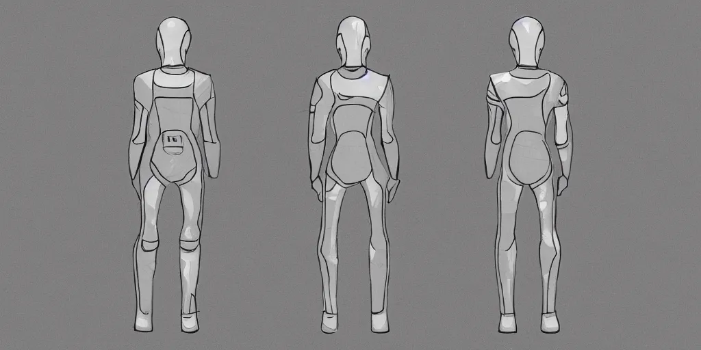 Prompt: male, elongated figure, space suit, concept art sketch, large shoulders, short torso, long thin legs, tiny feet, character sheet, very stylized, concept design
