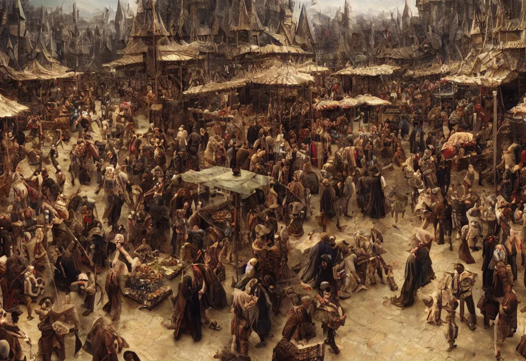 Image similar to photography crowd of emma watsons fight with nicholas cage in a medieval market detailed matte painting,