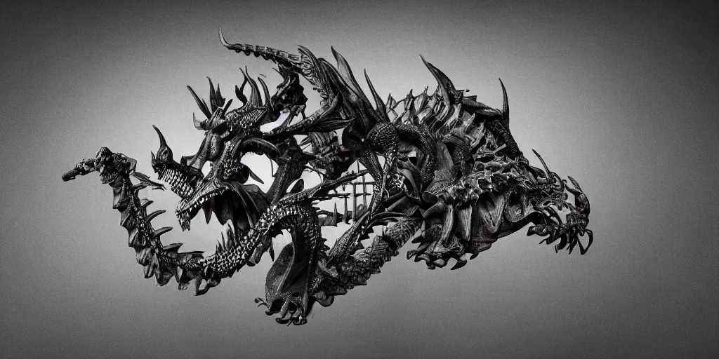 Prompt: dragon skeleton, studio photography, 4 k, black background, studio lighting, harsh lighting