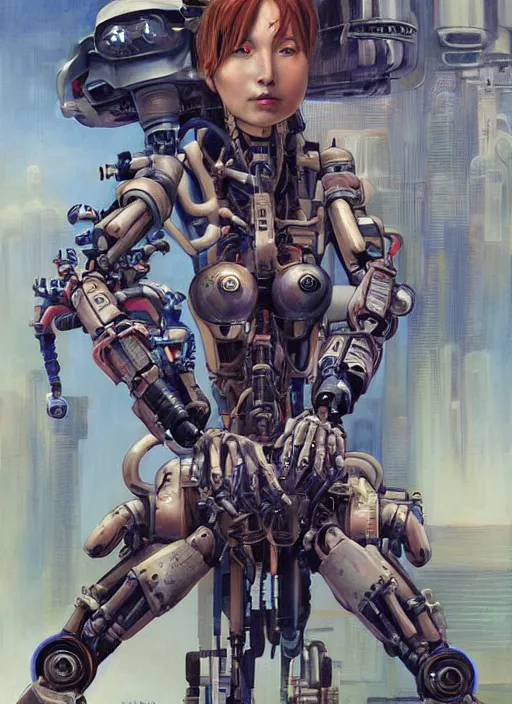 Prompt: An epic fantastic realism graphic novel cover style painting of a beautiful girl, riding on the shoulders, of a robot with four arms, robotics, short pigtails hair, cyberpunk, Concept world Art, ultrarealistic, hyperrealistic, dynamic lighting by Hajime Sorayama