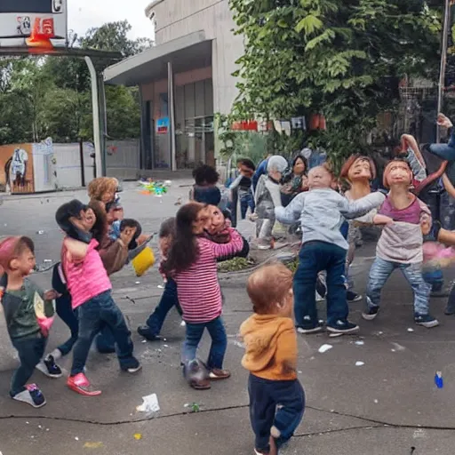 Prompt: wide - angle photograph of a group of toddlers rioting after listening to jordan peterson debate nap time, daycare center